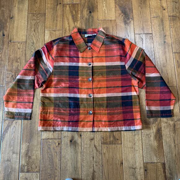 Tantrums Tops - Vtg Tantrums Collection Womens Sz XL Orange Green Plaid 100% Silk Button Blouse